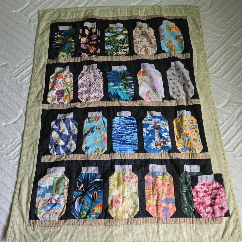 Hand Crafted Art Quilt Sarasota Memory Jars Seashore Beach Summer Ocean 33"x42"